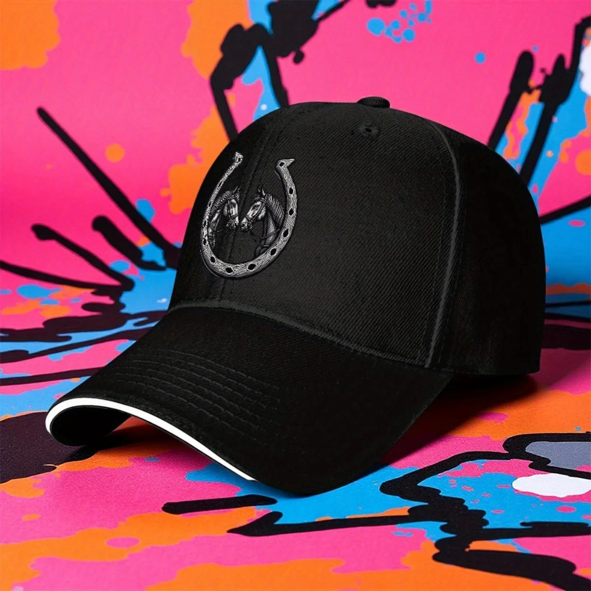 Stylish Black Baseball Cap with Horse and Horseshoe Icons - Adjustable,