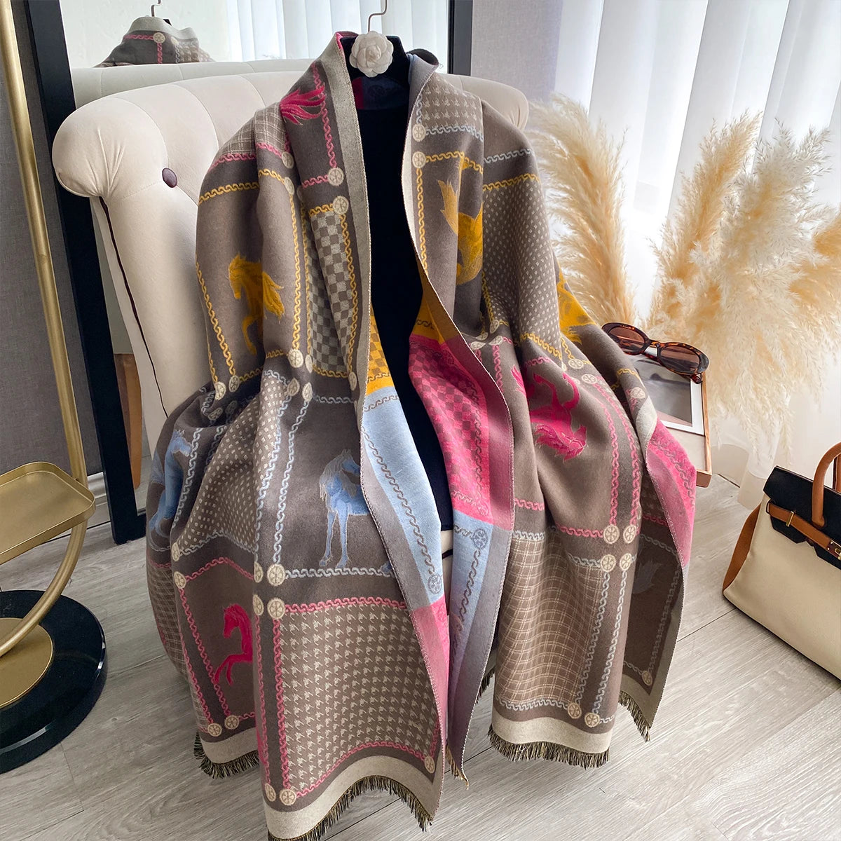 Women Cashmere Two-Sided Horse Print Soft Coldproof Windproof Blanket