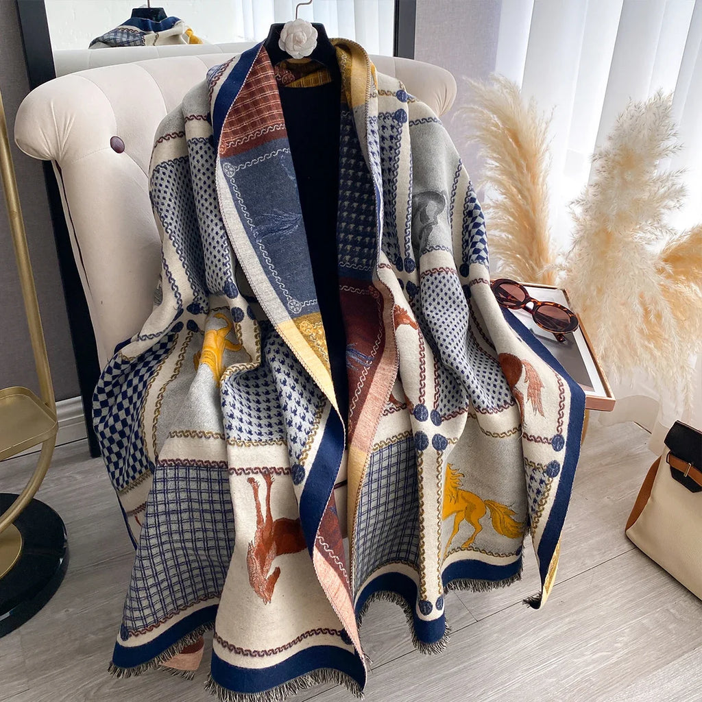 Women Cashmere Two-Sided Horse Print Soft Coldproof Windproof Blanket