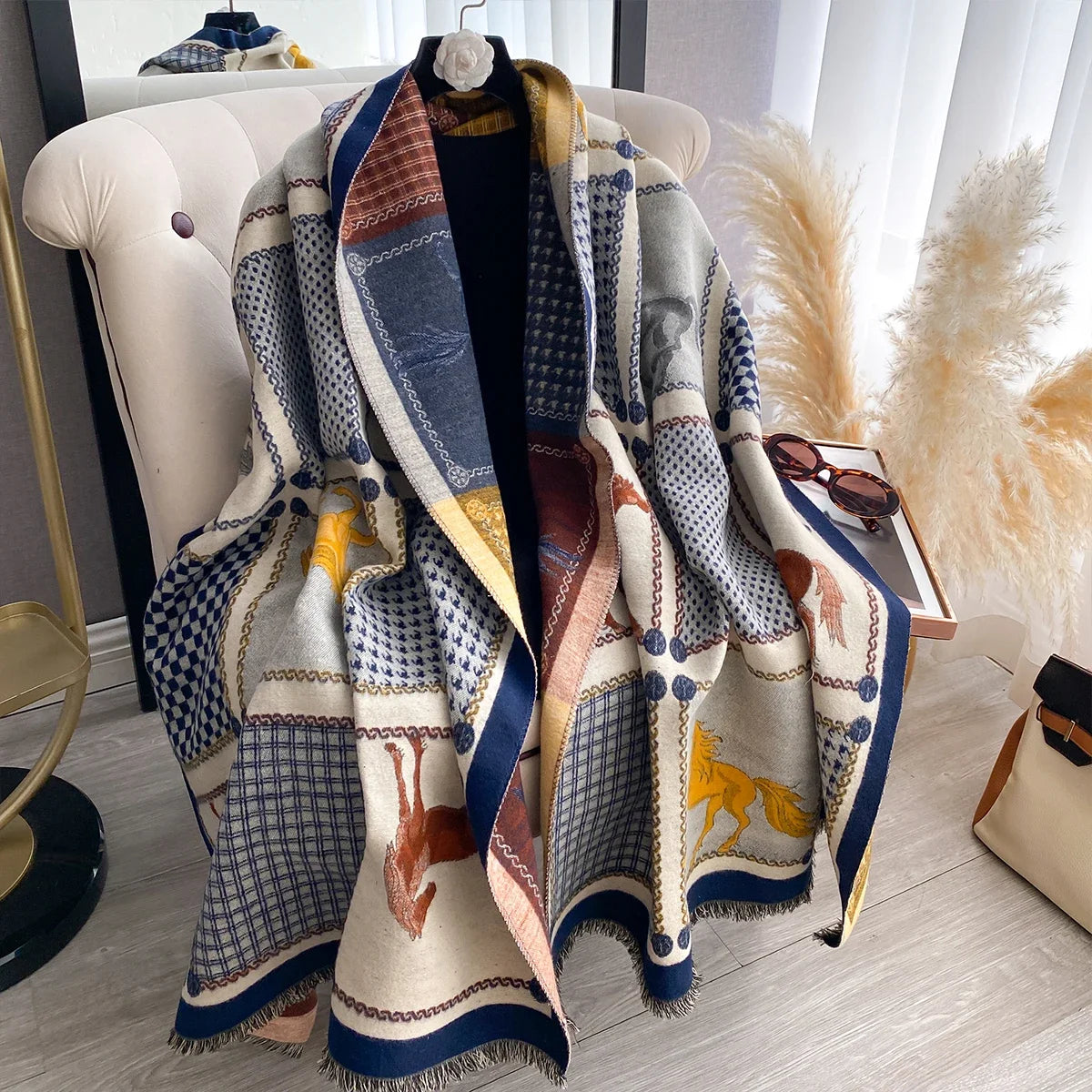 Women Cashmere Two-Sided Horse Print Soft Coldproof Windproof Blanket