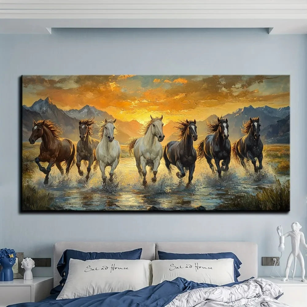 Elegant Seven horse canvas wall art with pine frame - waterproof, 1.5 inch thick