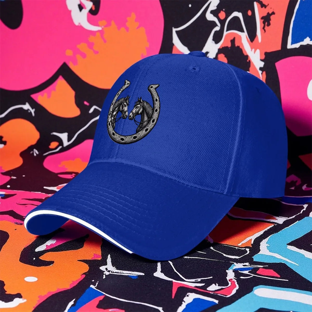 Stylish Black Baseball Cap with Horse and Horseshoe Icons - Adjustable,