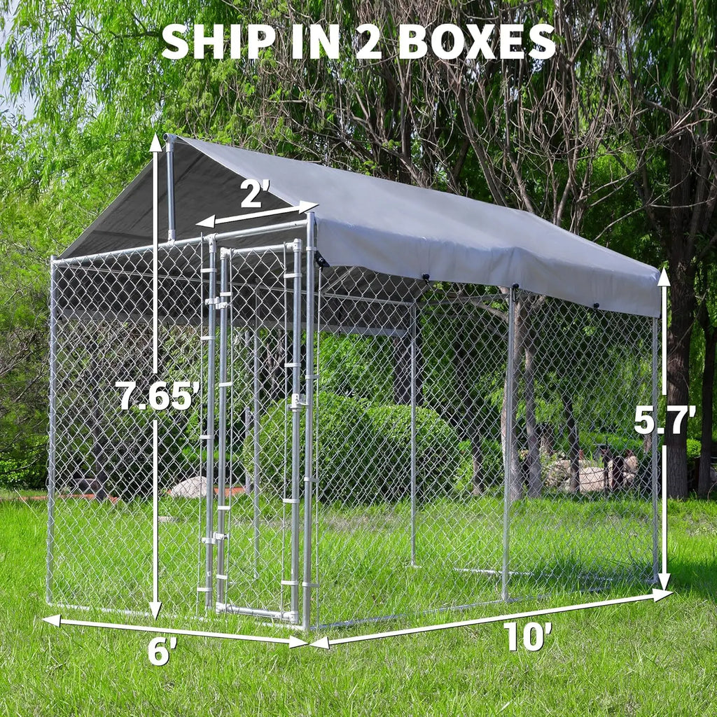 Large Galvanized Dog Kennel Outdoor with Roof, Waterproof UV-Resistant Cover & Lock