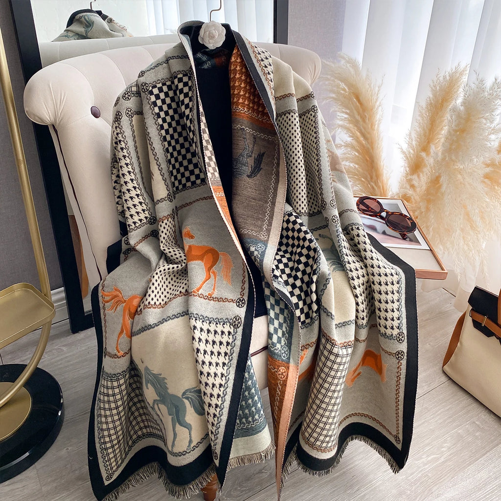 Women Cashmere Two-Sided Horse Print Soft Coldproof Windproof Blanket
