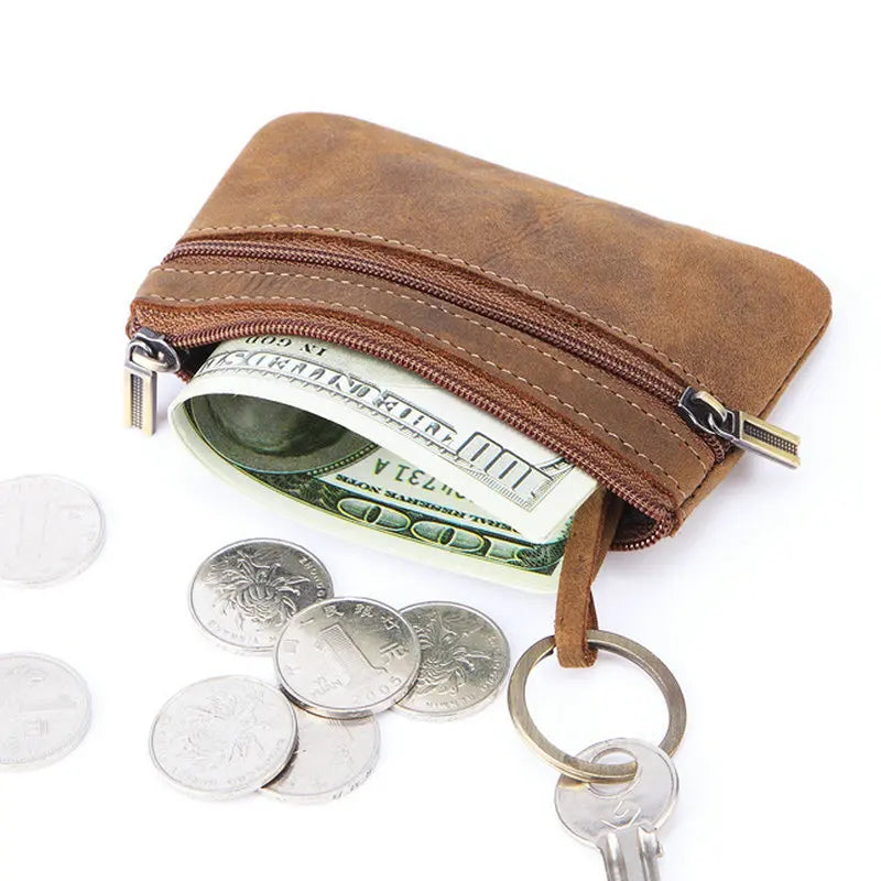 Genuine Leather Coin Purse with Keychain for Men & Women