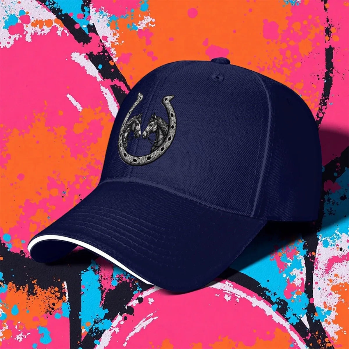 Stylish Black Baseball Cap with Horse and Horseshoe Icons - Adjustable,