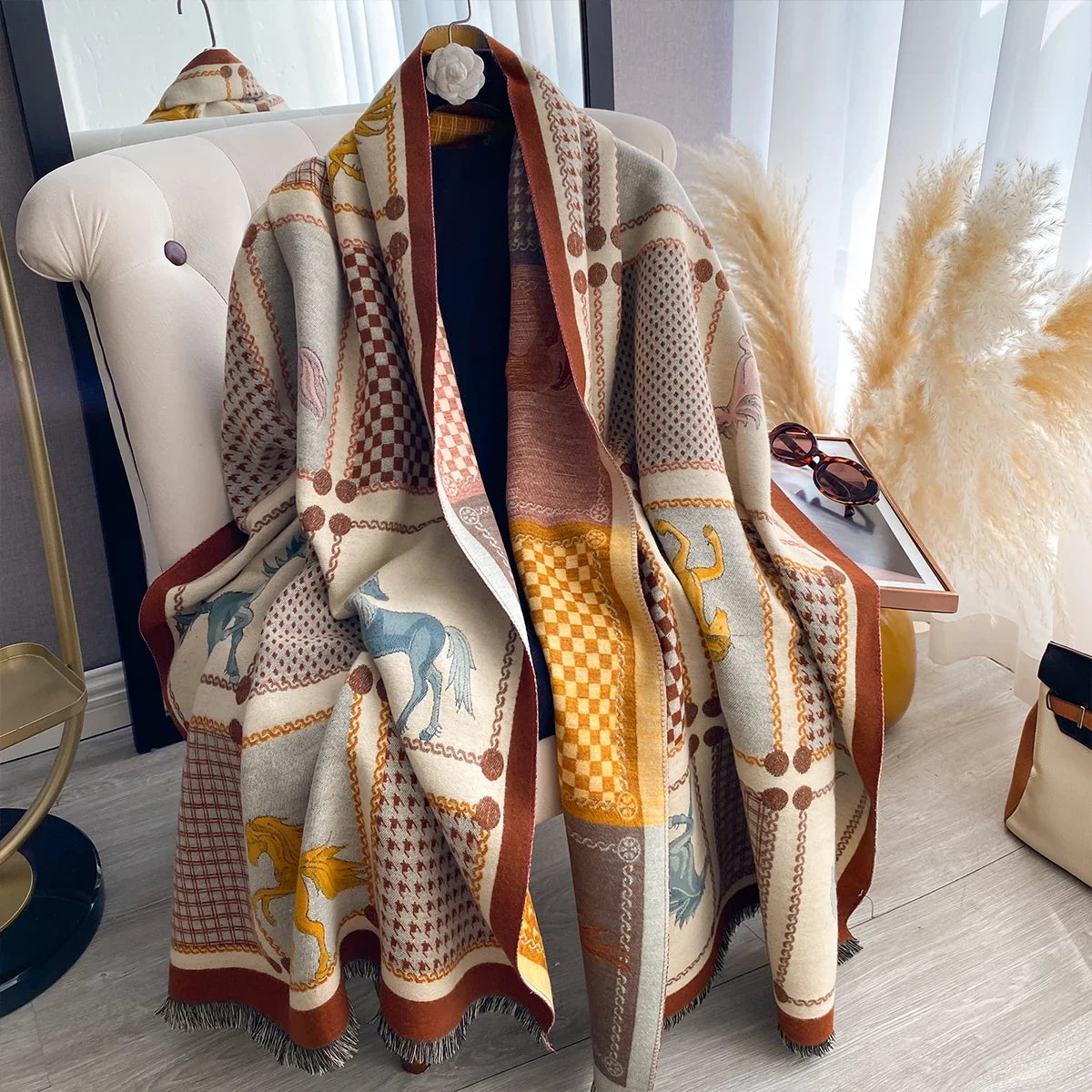 Women Cashmere Two-Sided Horse Print Soft Coldproof Windproof Blanket