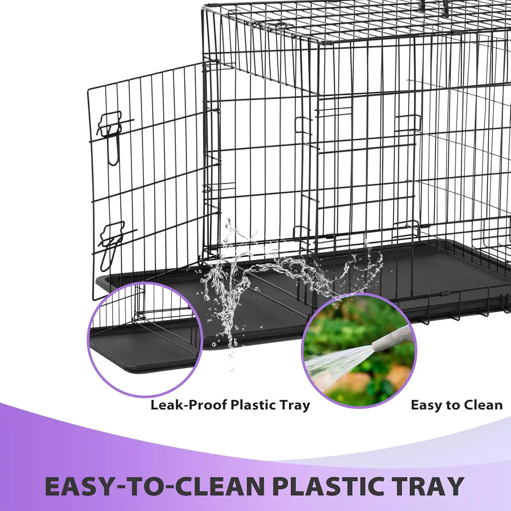 Foldable Metal Kennel with Double Doors, Leakproof Tray
