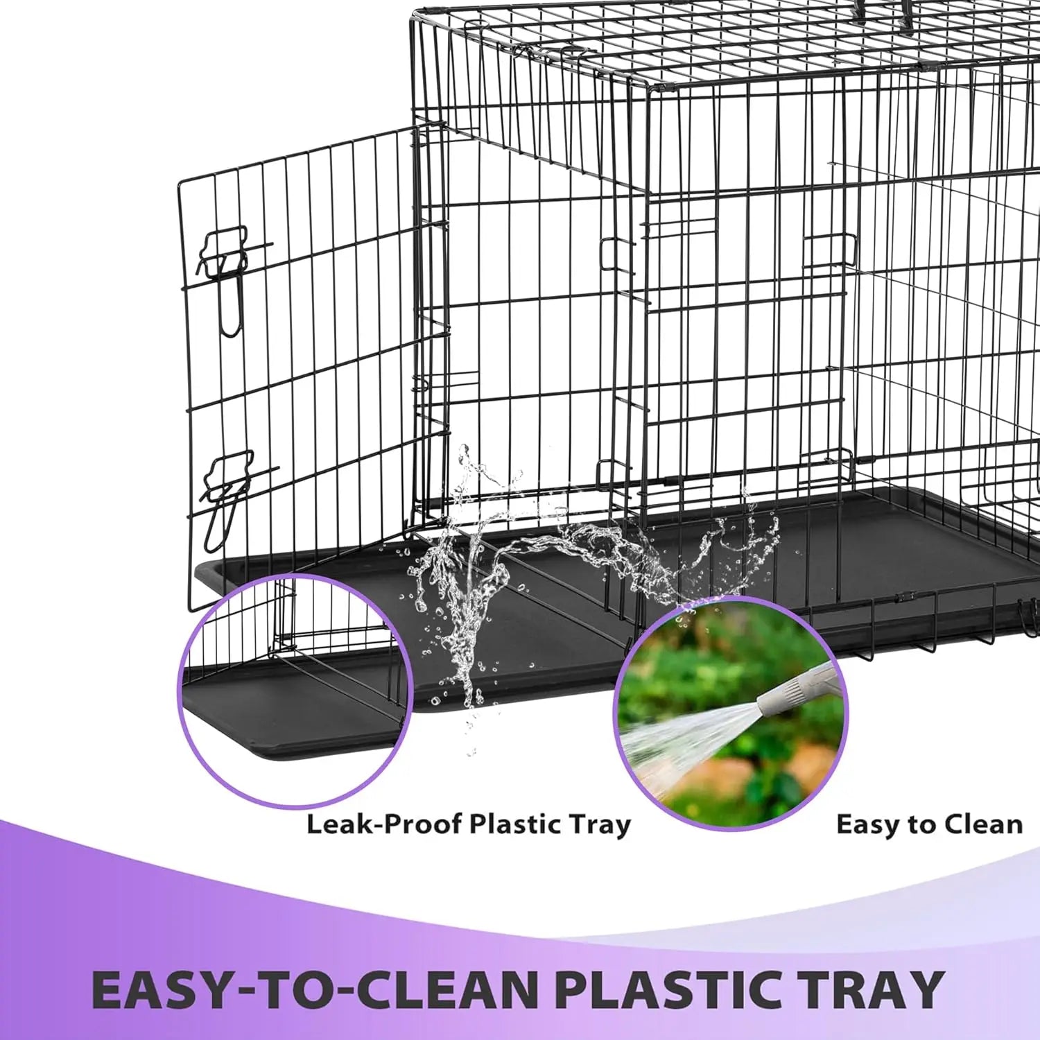 Foldable Metal Kennel with Double Doors, Leakproof Tray