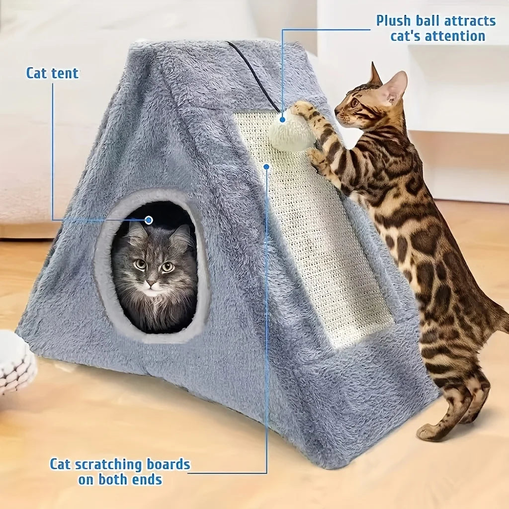 Bed suitable for critters under 15 pounds with plush toy ball cat scratching board