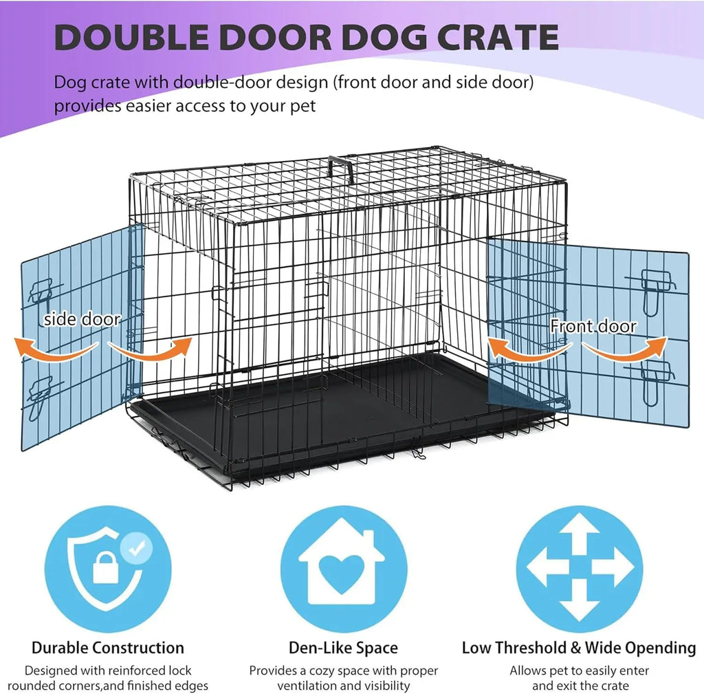Foldable Metal Kennel with Double Doors, Leakproof Tray