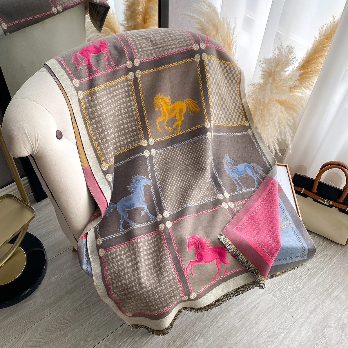 Women Cashmere Two-Sided Horse Print Soft Coldproof Windproof Blanket