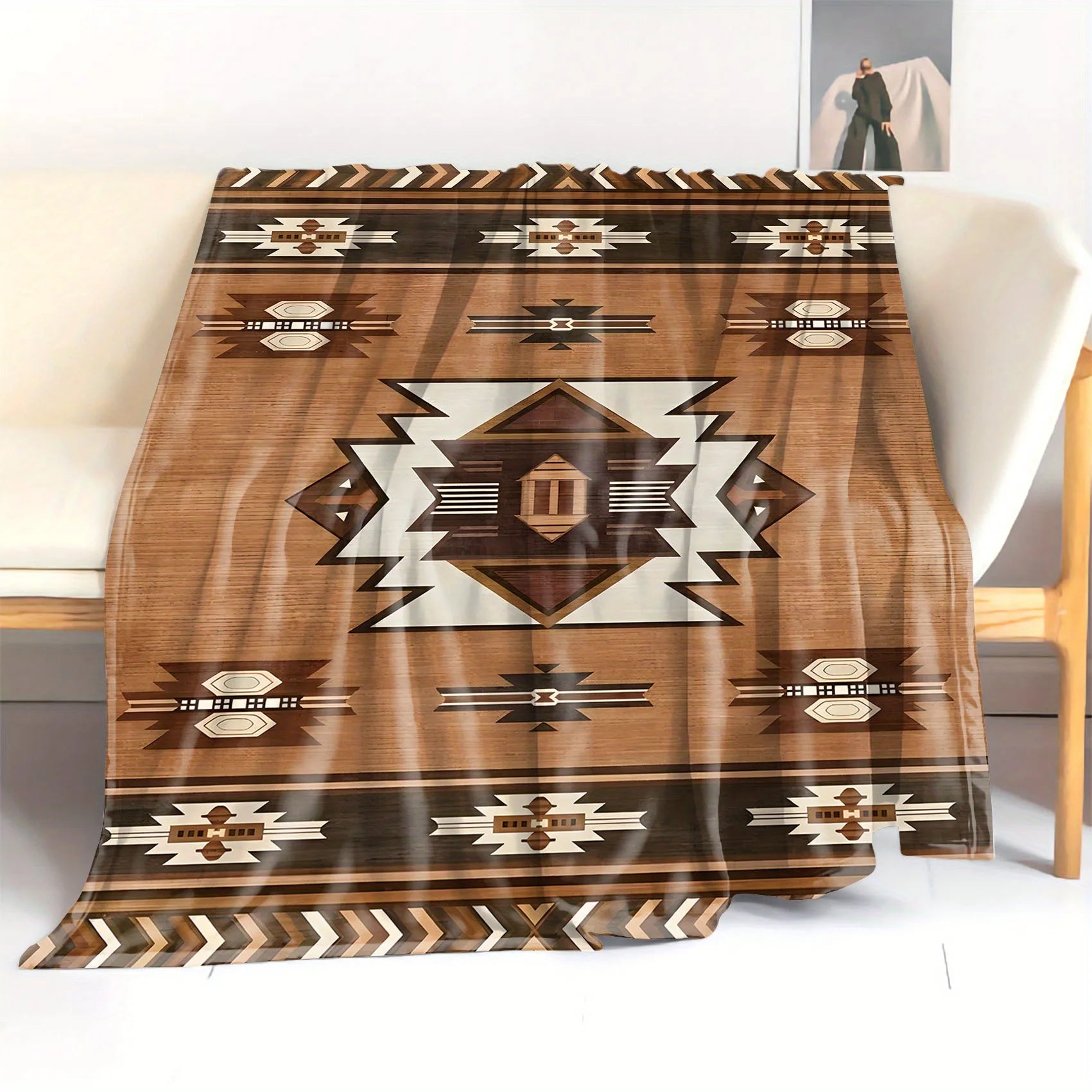 Western Aztec Pattern Flannel Blanket - Soft Comfortable for Bed, Sofa, Office, Camping