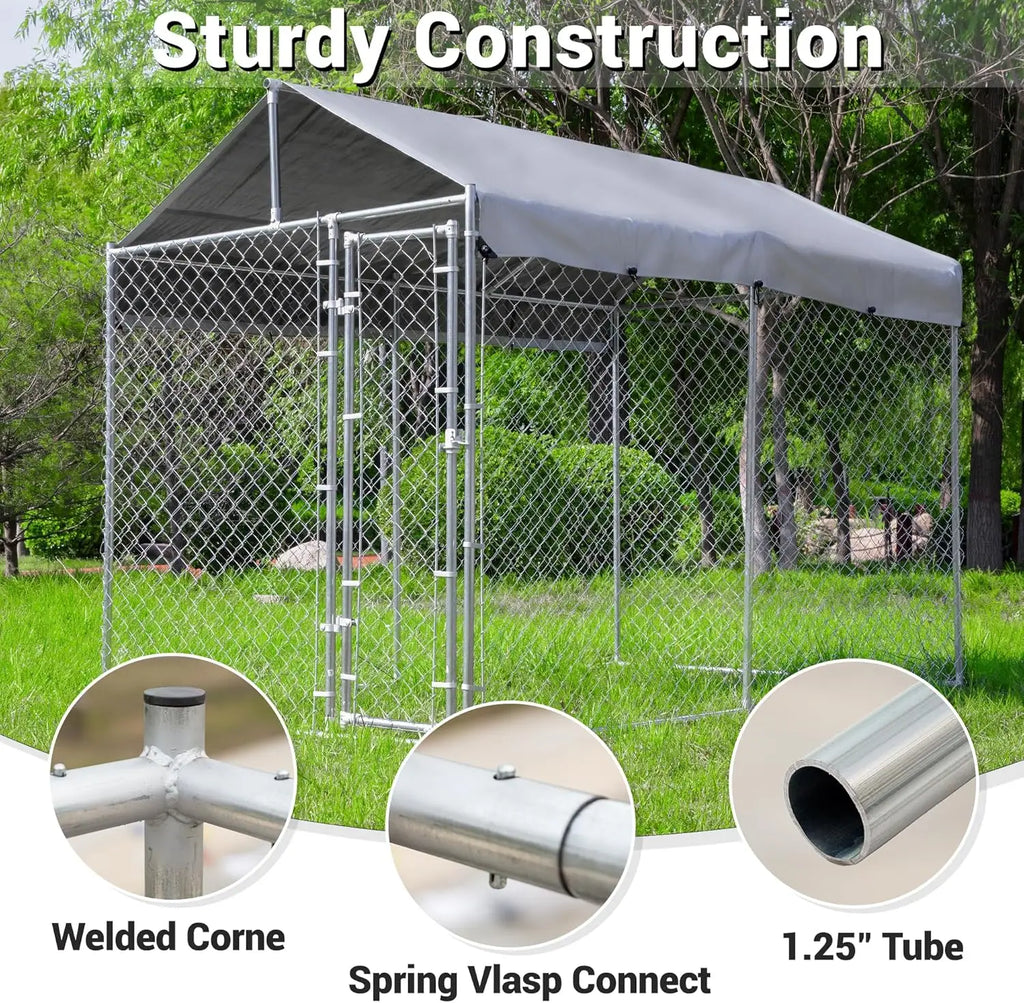 Large Galvanized Dog Kennel Outdoor with Roof, Waterproof UV-Resistant Cover & Lock