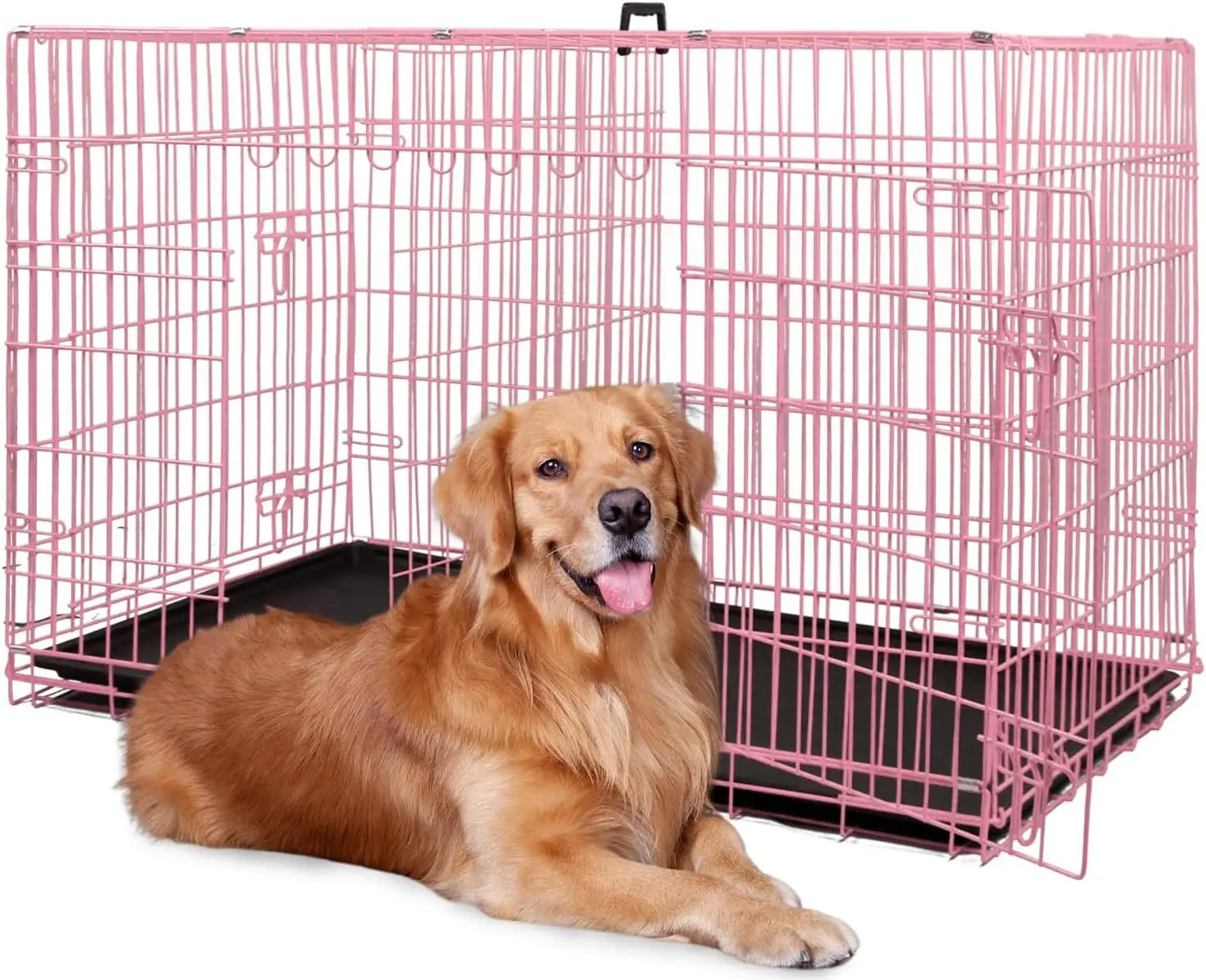 Foldable Metal Kennel with Double Doors, Leakproof Tray