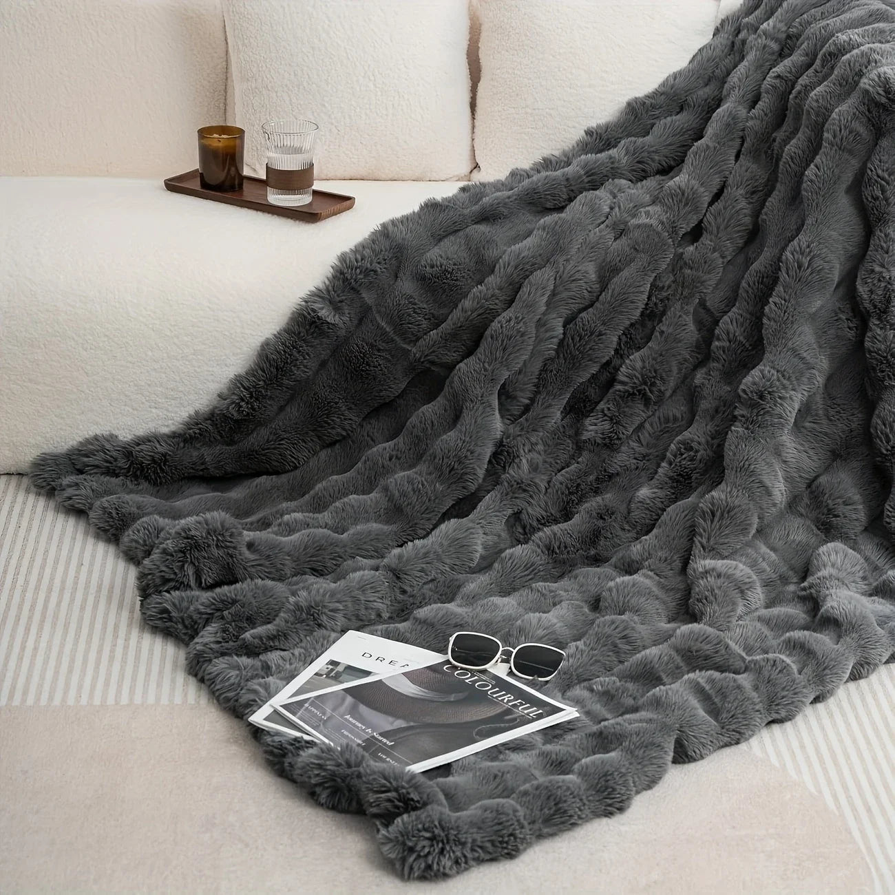 Soft, Warm, 1pc Cozy Faux Rabbit Fleece Blanket, 6LBS