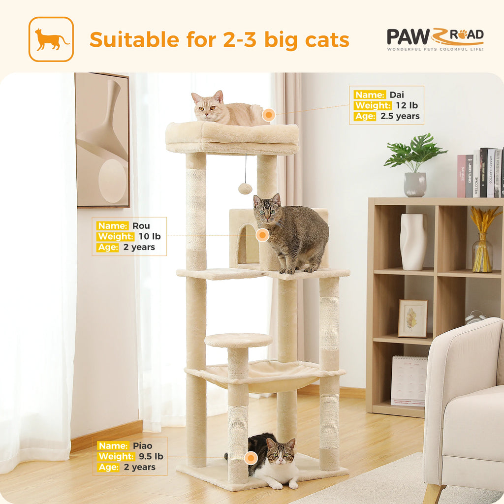 5-Level Cat Tower with Large Hammock Sisal Covered Scratching Posts Cozy Condo