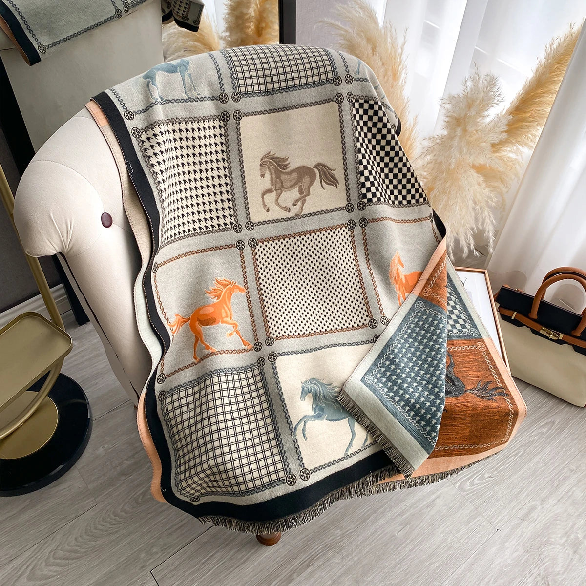 Women Cashmere Two-Sided Horse Print Soft Coldproof Windproof Blanket