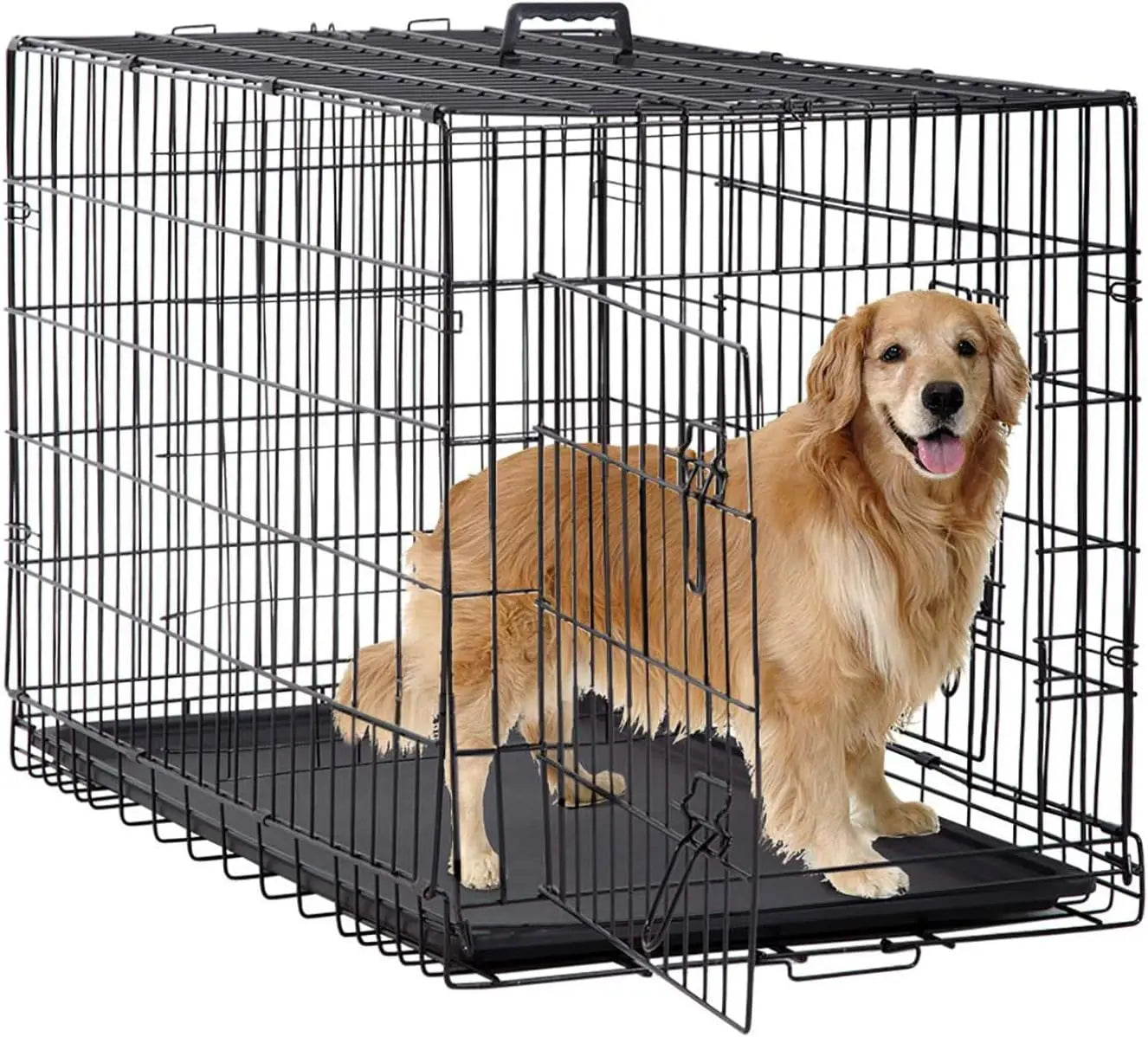 Foldable Metal Kennel with Double Doors, Leakproof Tray