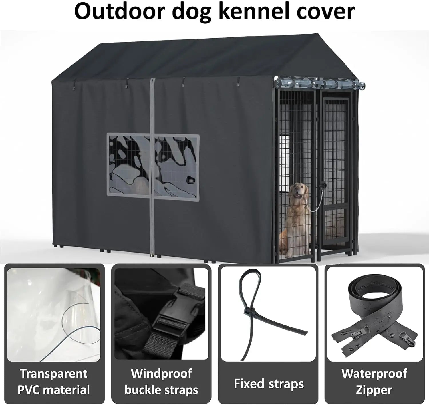 Outdoor Dog Kennel Cover 8x4x6 FT Waterproof Cold Resistant with Zippers & PVC Windows for Protection