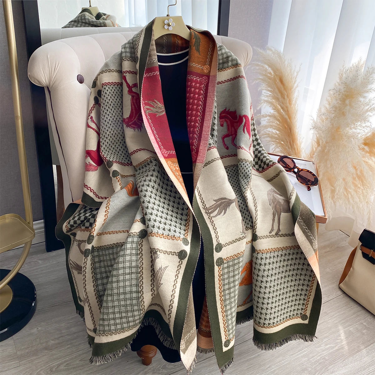 Women Cashmere Two-Sided Horse Print Soft Coldproof Windproof Blanket
