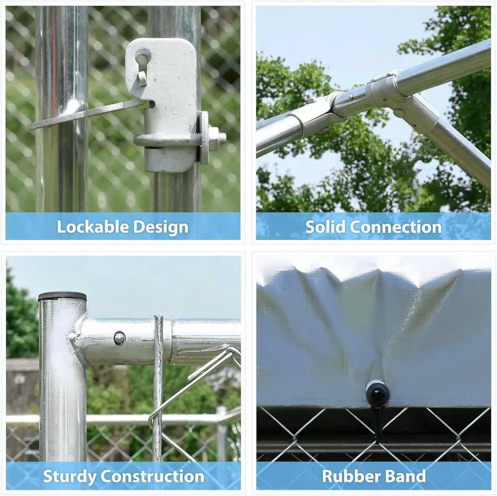 Large Galvanized Dog Kennel Outdoor with Roof, Waterproof UV-Resistant Cover & Lock