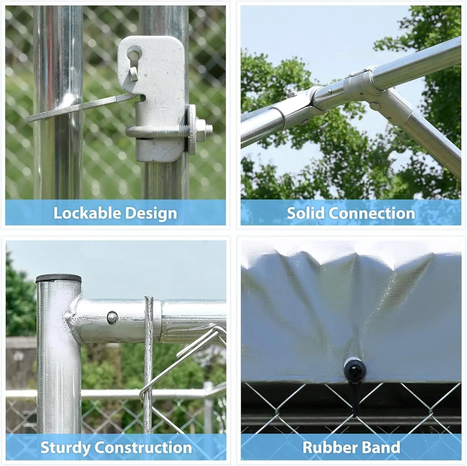 Large Galvanized Dog Kennel Outdoor with Roof, Waterproof UV-Resistant Cover & Lock