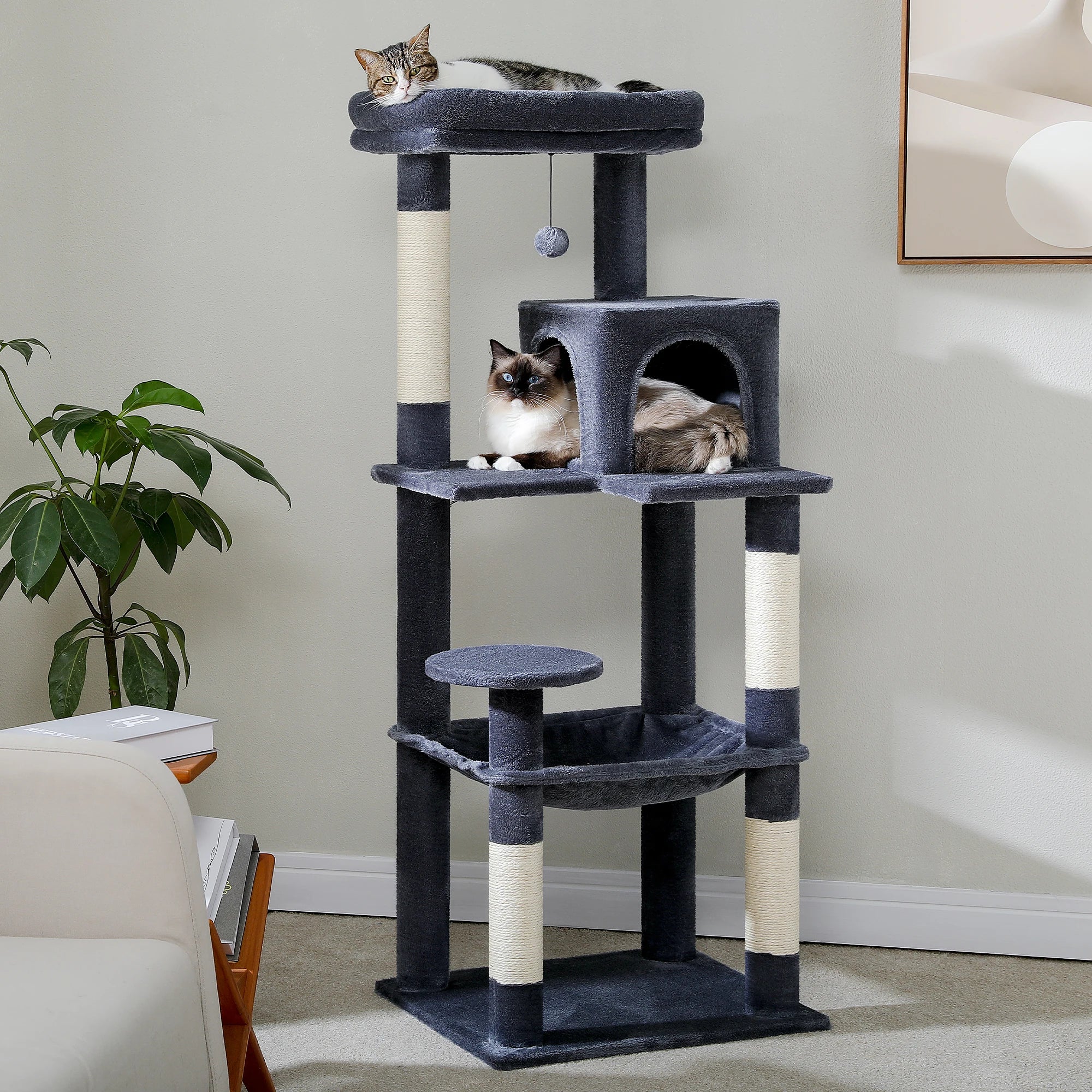 5-Level Cat Tower with Large Hammock Sisal Covered Scratching Posts Cozy Condo