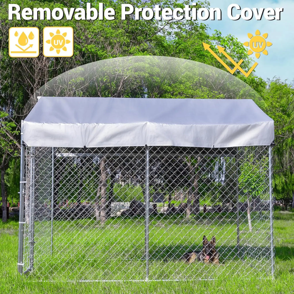Large Galvanized Dog Kennel Outdoor with Roof, Waterproof UV-Resistant Cover & Lock