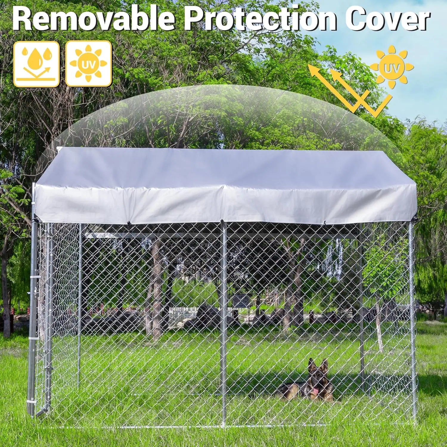Large Galvanized Dog Kennel Outdoor with Roof, Waterproof UV-Resistant Cover & Lock