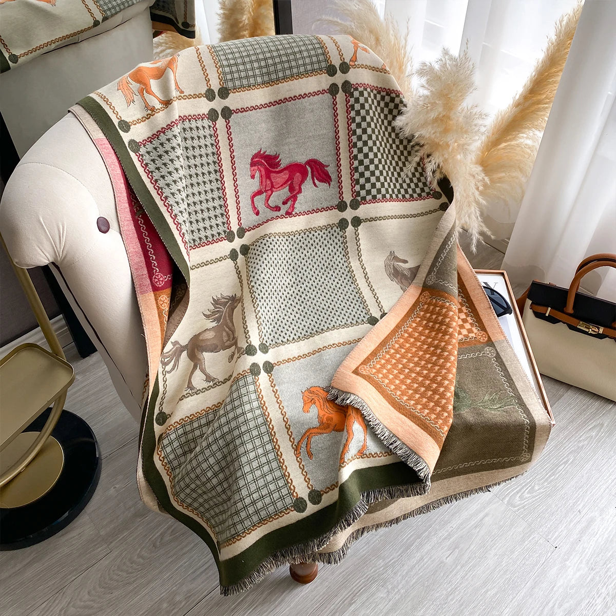 Women Cashmere Two-Sided Horse Print Soft Coldproof Windproof Blanket