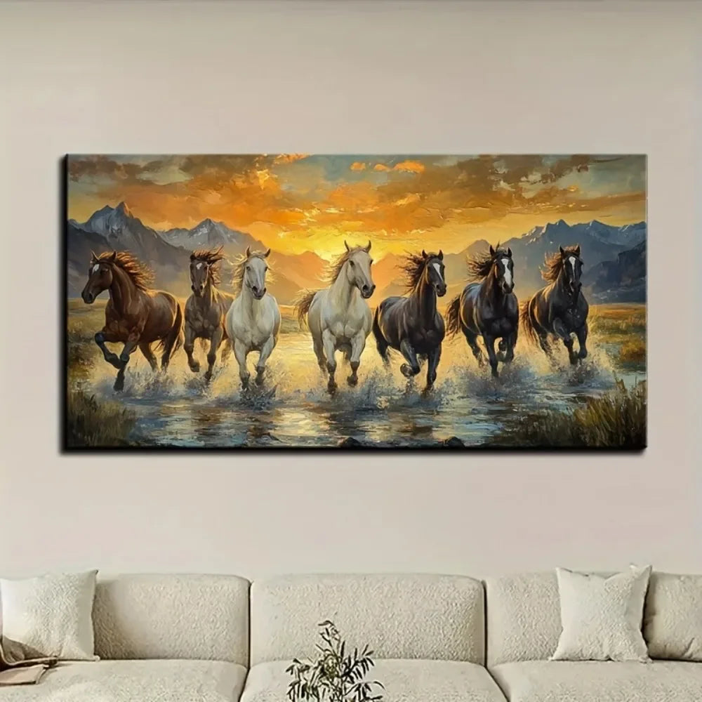 Elegant Seven horse canvas wall art with pine frame - waterproof, 1.5 inch thick