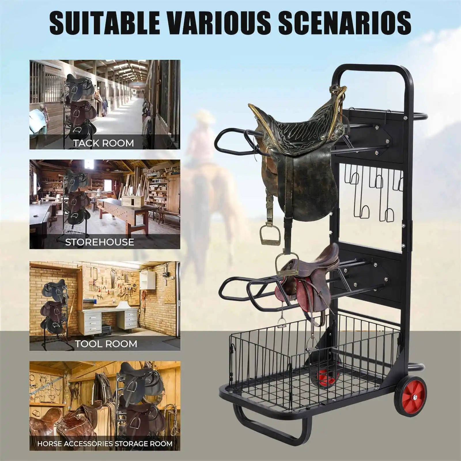Horse Saddle Rack,Portable with Wheels,Heavy Duty Equipment Cart,Stable Storage