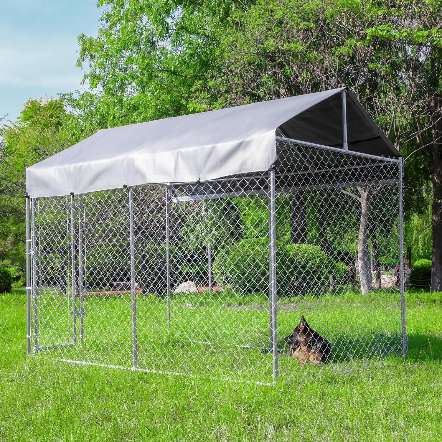 Large Galvanized Dog Kennel Outdoor with Roof, Waterproof UV-Resistant Cover & Lock