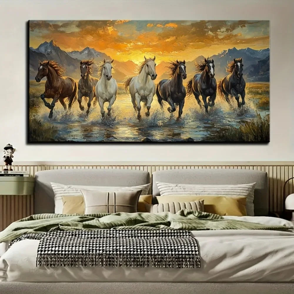 Elegant Seven horse canvas wall art with pine frame - waterproof, 1.5 inch thick