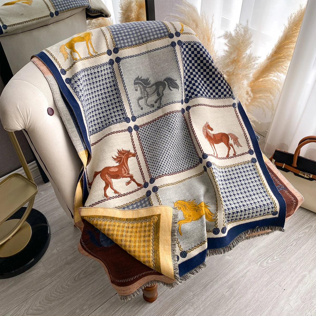 Women Cashmere Two-Sided Horse Print Soft Coldproof Windproof Blanket