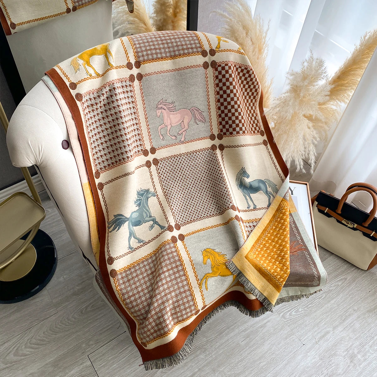 Women Cashmere Two-Sided Horse Print Soft Coldproof Windproof Blanket