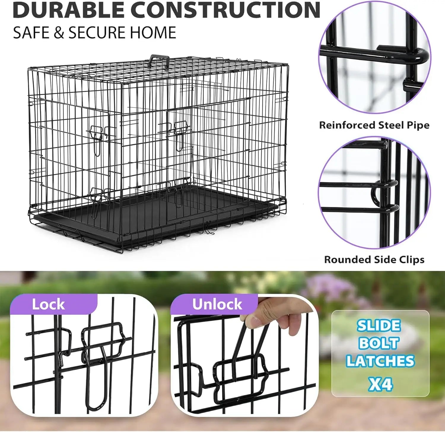 Foldable Metal Kennel with Double Doors, Leakproof Tray