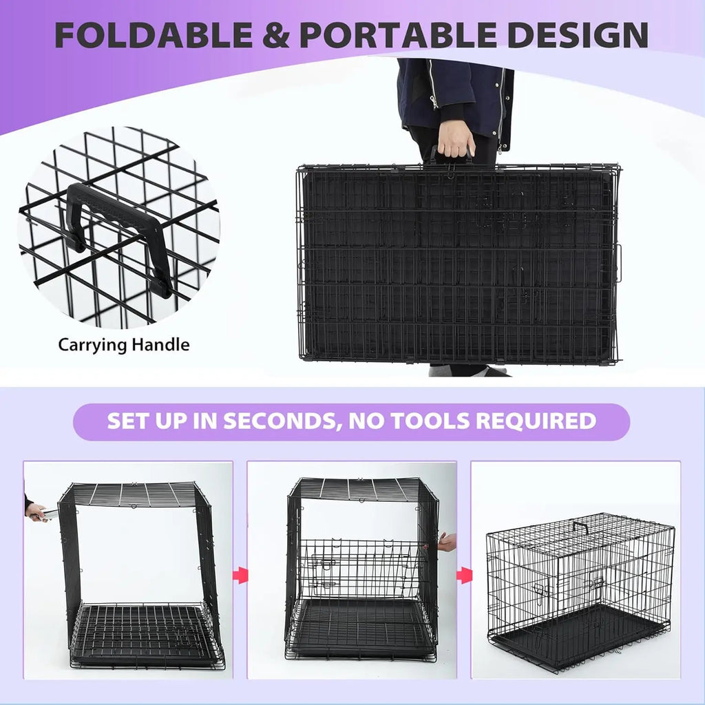 Foldable Metal Kennel with Double Doors, Leakproof Tray
