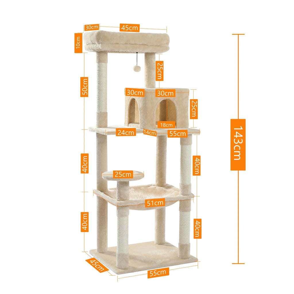 5-Level Cat Tower with Large Hammock Sisal Covered Scratching Posts Cozy Condo